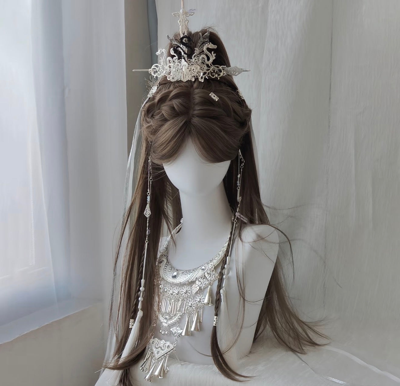 Silver Dragon Immortal Wig Set | Xianxia Updo with Dragon Crown