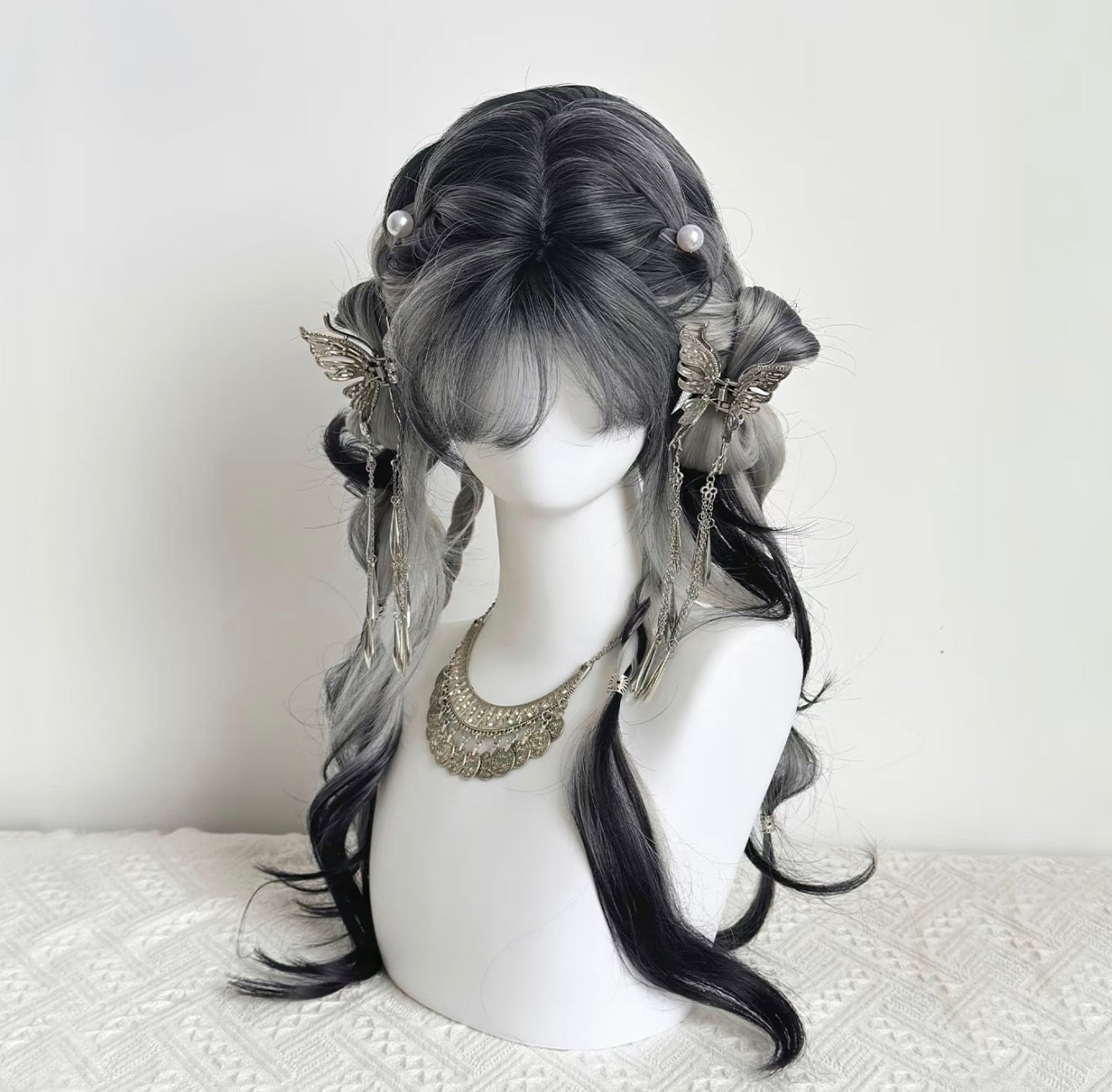 Moonfall Butterfly Wig Set Chinese Xianxia Half Updo with Silver Butterfly Clip