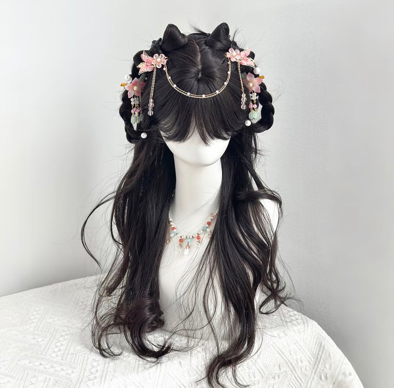 Blossom Cat Ear Hair Wig Set Cute Chinese Half Updo with Pink Floral Chain