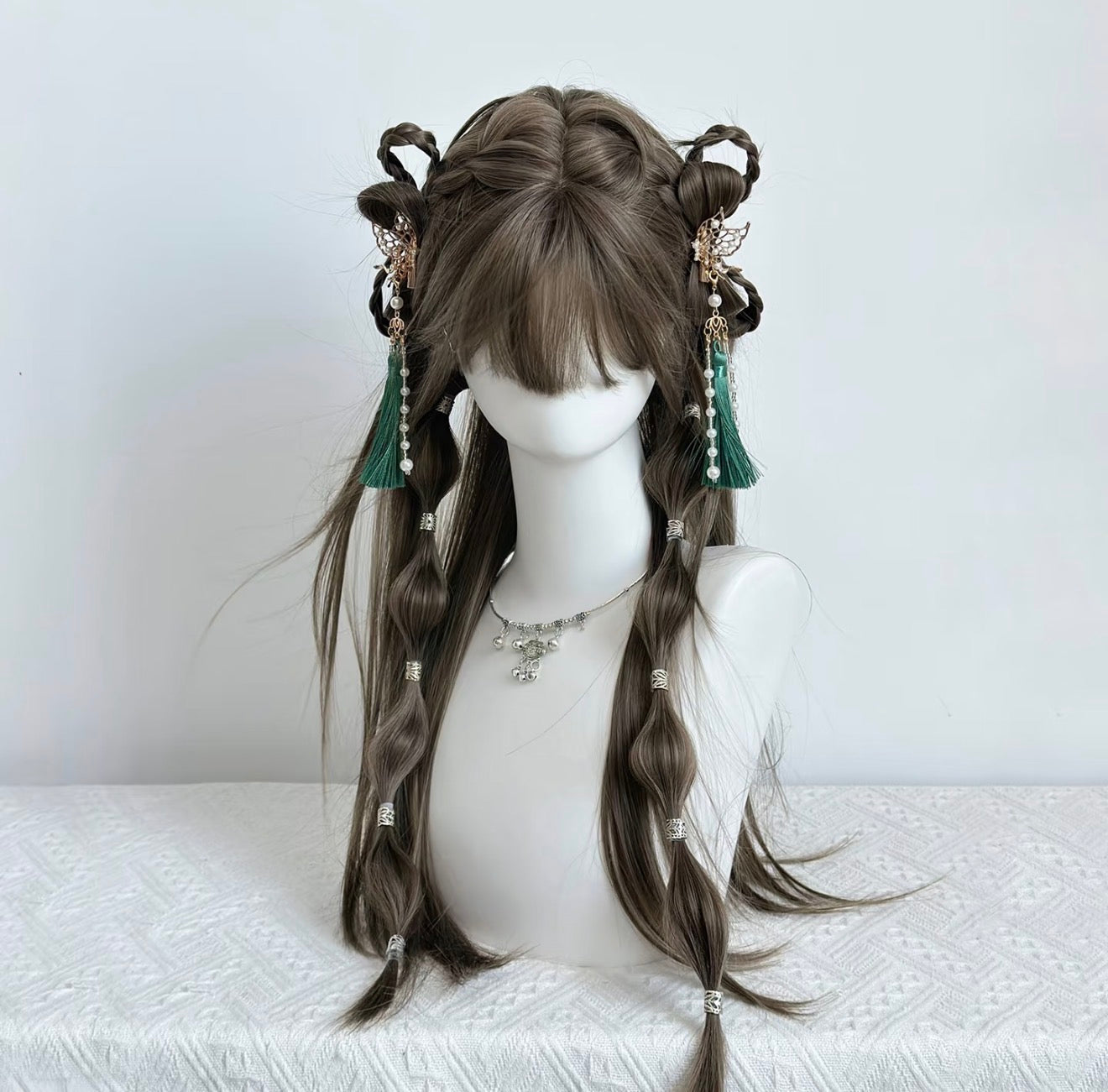 Jade Butterfly Hanfu Braided Wig with Green Tassel and Butterfly Hair Accessories