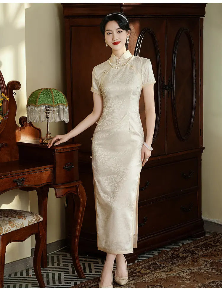 Ivory White Floral Jacquard Short Sleeve Qipao Dress