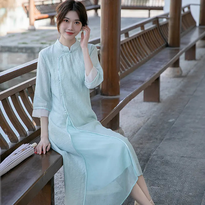 Light Green/Pink Loose A Line Cheongsam Qipao Dress