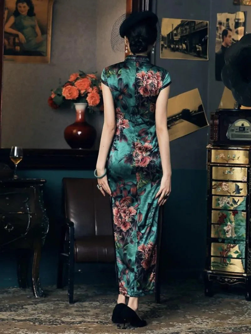 Mulberry silk, floral pattern, High-end, Green Qipao dress