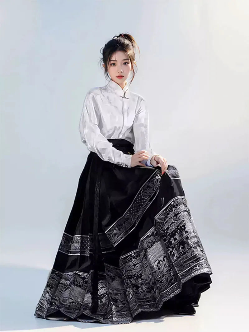 Mamian Skirt two-piece set, modern Ming-style black Hanfu for spring and plus-size womena