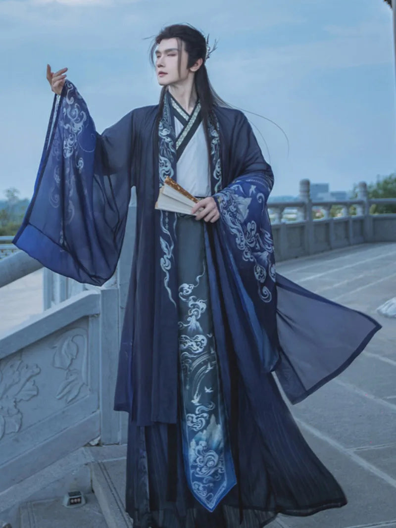 Men's Hanfu Wei Jin style gradient ruqun with traditional Chinese cross-collar design