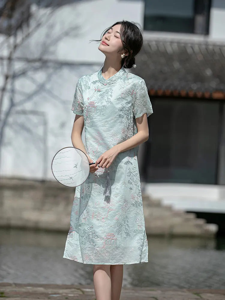 Mint Green Scenic Brocade Loose Qipao Dress