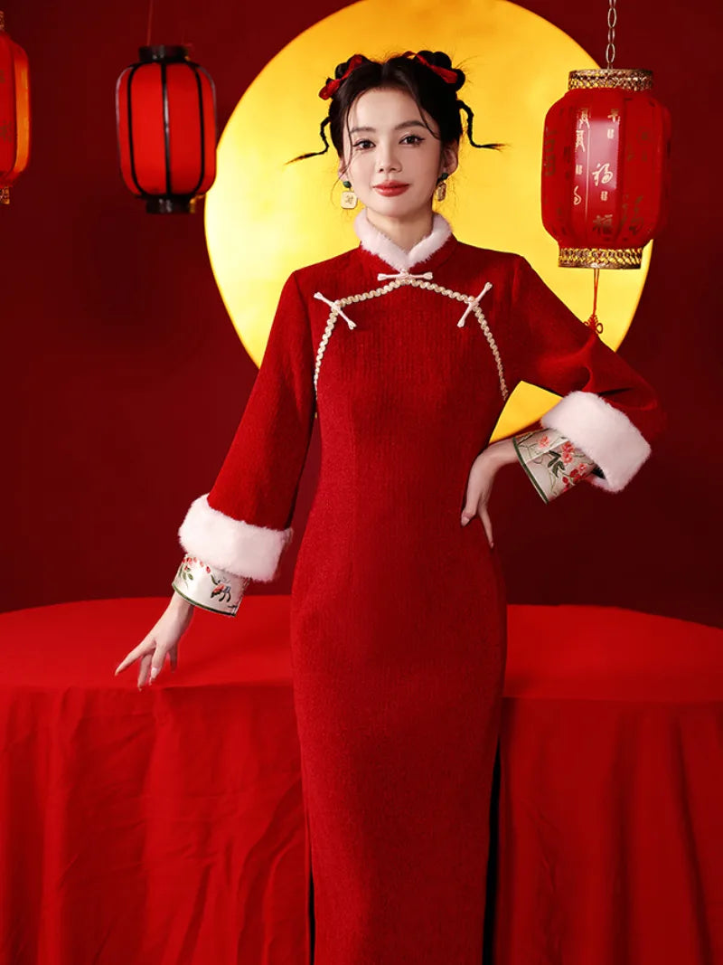 Modern Chinese New Year Qipao with warm fleece lining and elegant red long-sleeve festive design
