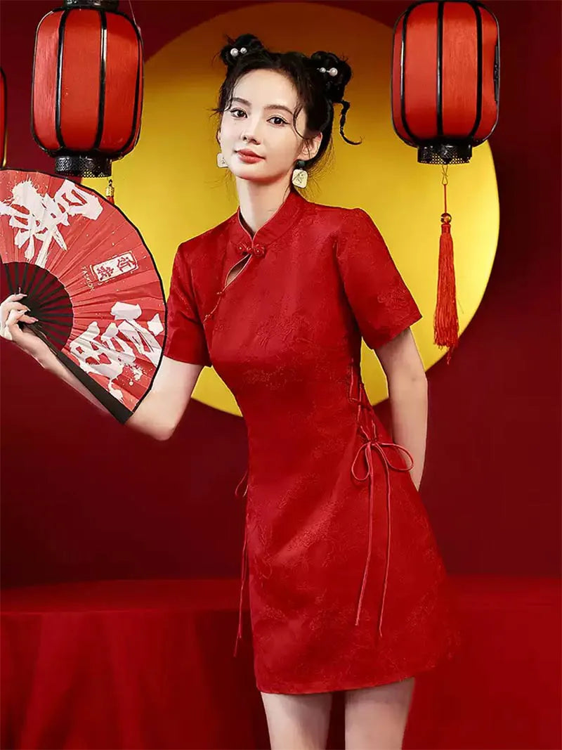 Elegant Modern Wedding Qipao Red Short Chinese Bridal Dress