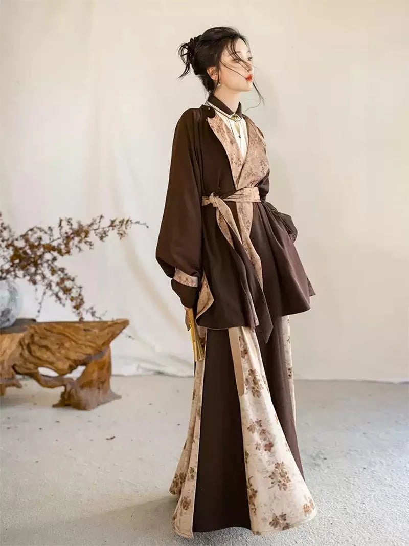 Modernized Hanfu reversible Tang-style round collar robe in Maillard tones with stand collar, chic daily winter wear
