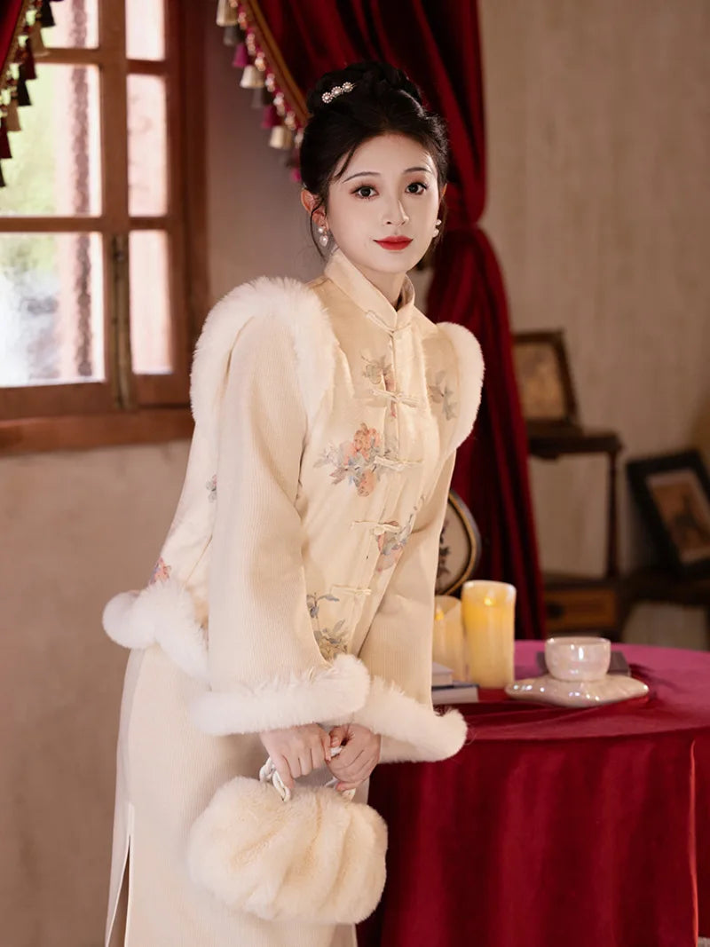 Red embroidered New Year Qipao featuring winter padding and modern Chinese styling