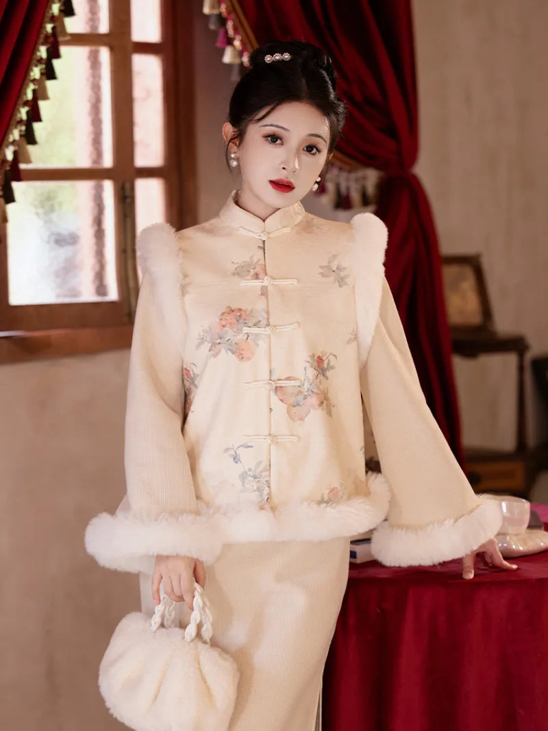 Red embroidered New Year Qipao featuring winter padding and modern Chinese styling