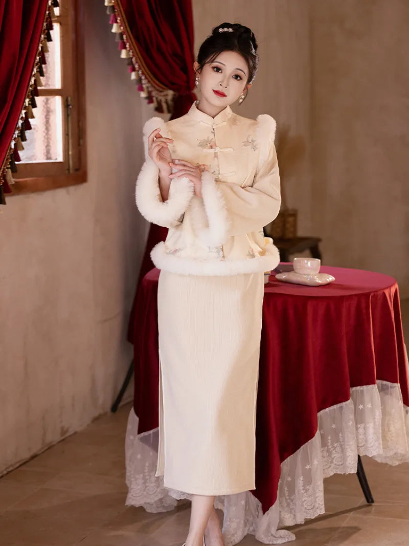 Red embroidered New Year Qipao featuring winter padding and modern Chinese styling