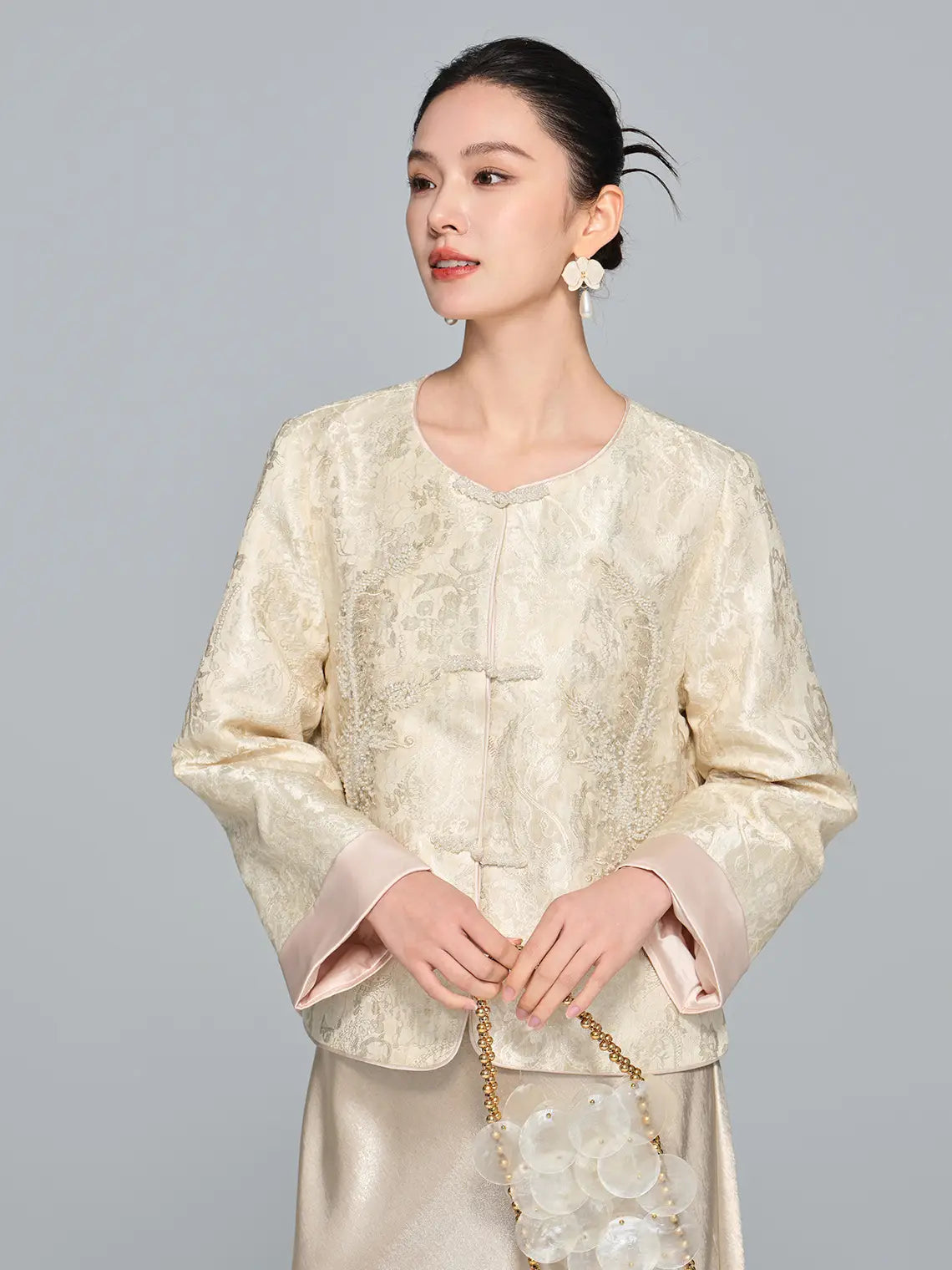 New Chinese Style Champagne Gold Beaded Embroidered Jacket & Skirt