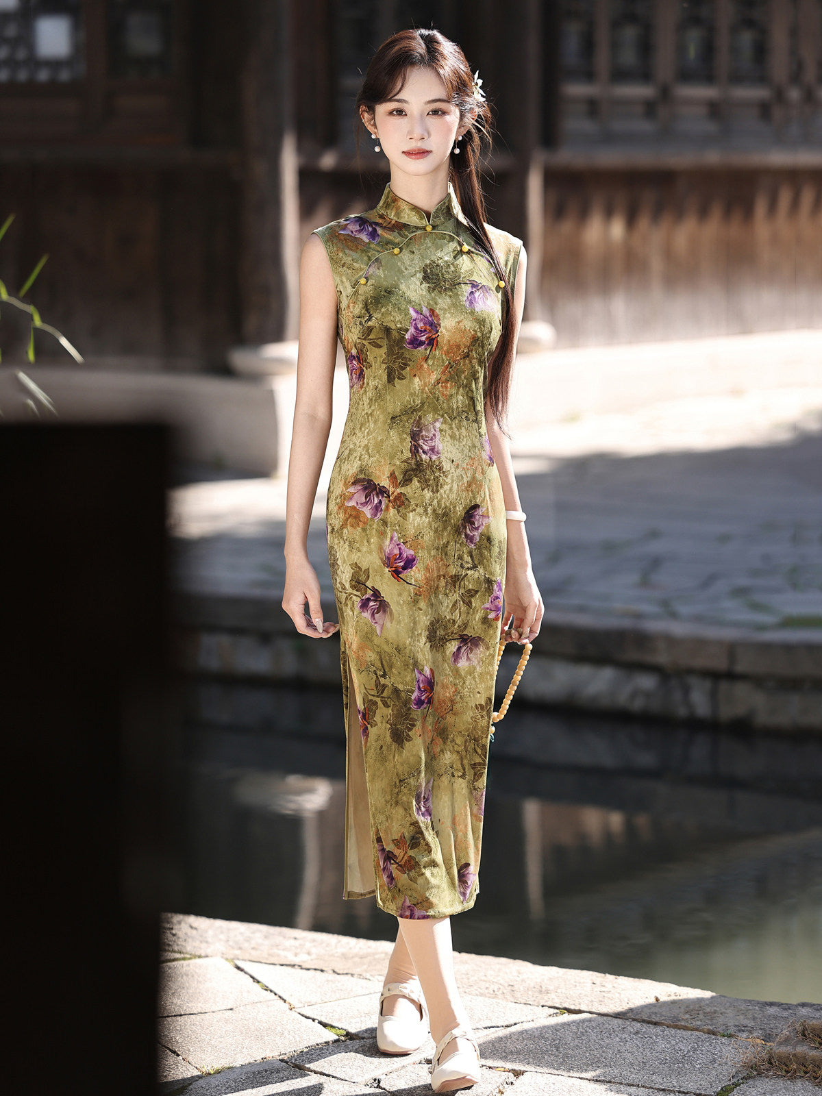 Sleeveless Floral Midi Cheongsam | Olive