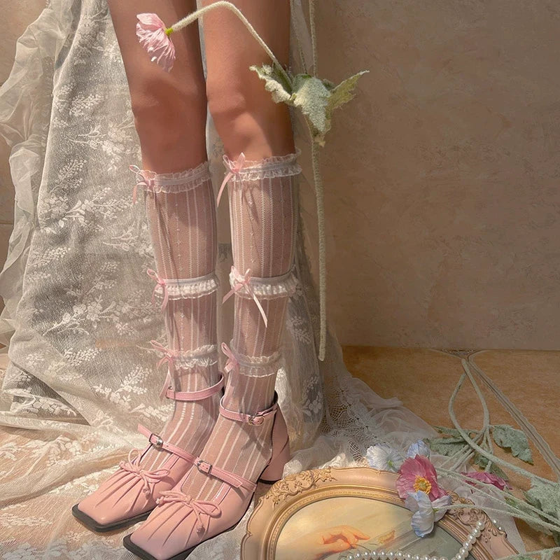Sweet Lolita Mid-Calf Socks 3-Layer Lace Mesh Fairy Thin Socks
