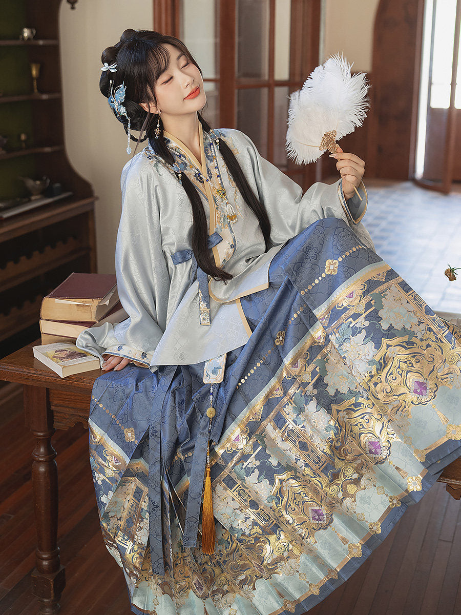 Ming Dynasty Winter Hanfu Set with Embroidered Mamian Skirt | Octagonal Vista 八角景