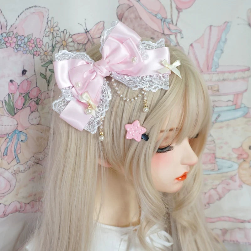Sweet Lolita Layerd Bow Hair Clip, Pearl Accents