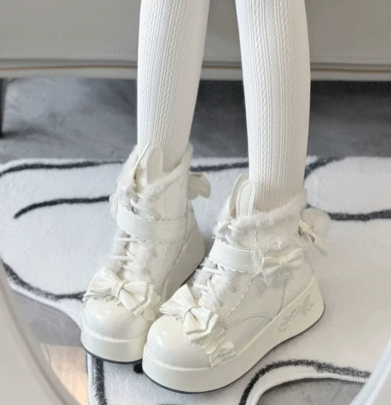 Bunny Tail - Fuzzy Kawaii Lolita Snow Boots, Detachable Plush Bow