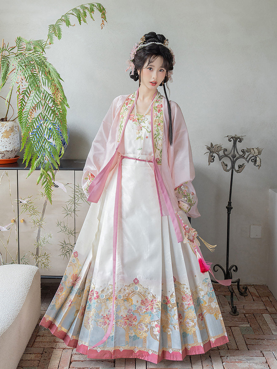 Ming Dynasty Spring Hanfu Set with Pink Mamian Skirt for Women | Peach Blossoms of Antiquity 博古桃花