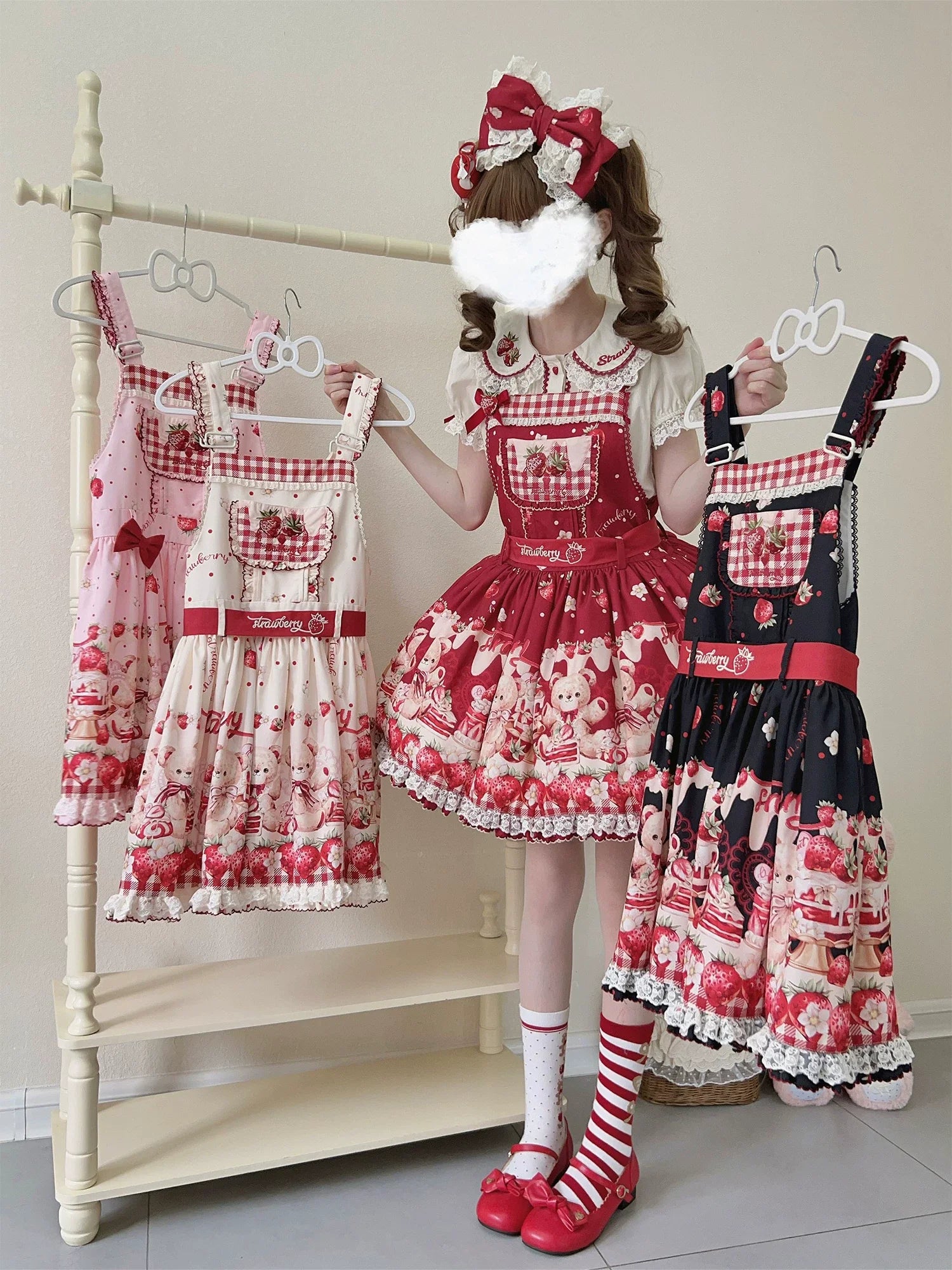 Velvet Strawberry - Sweet Lolita Salopette Dress, Bear & Strawberry Print