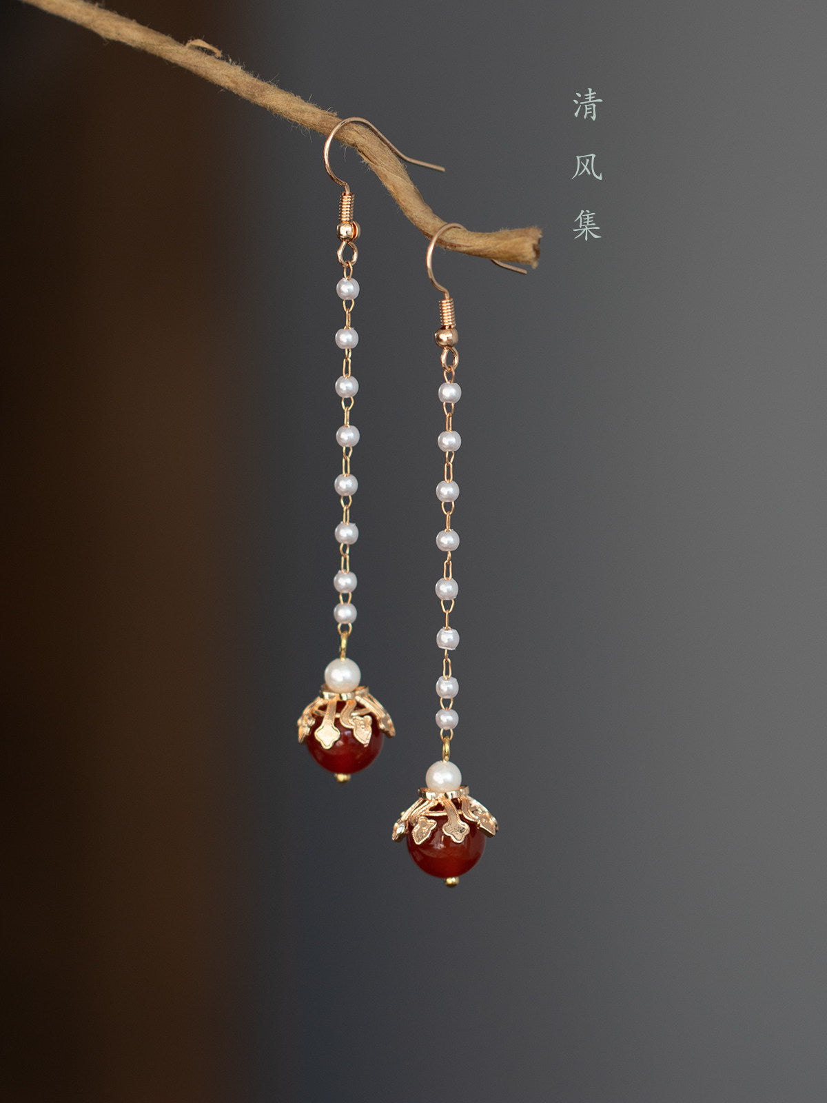 Red Agate Ancient Motif Earrings | Hanfu Jewelry