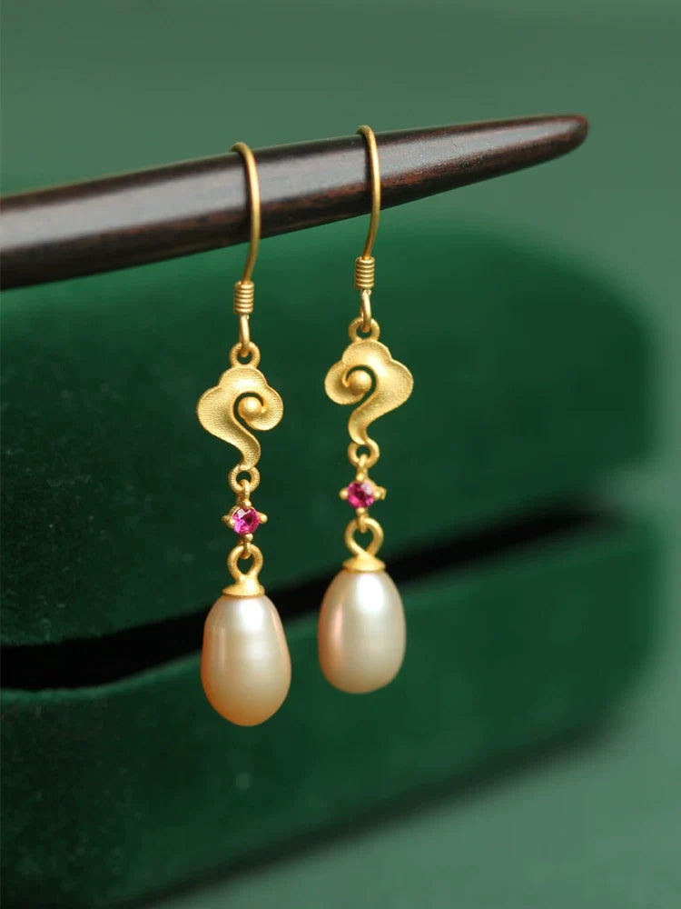 Golden Clouds Pearl Drop Earrings | Hanfu Jewelry