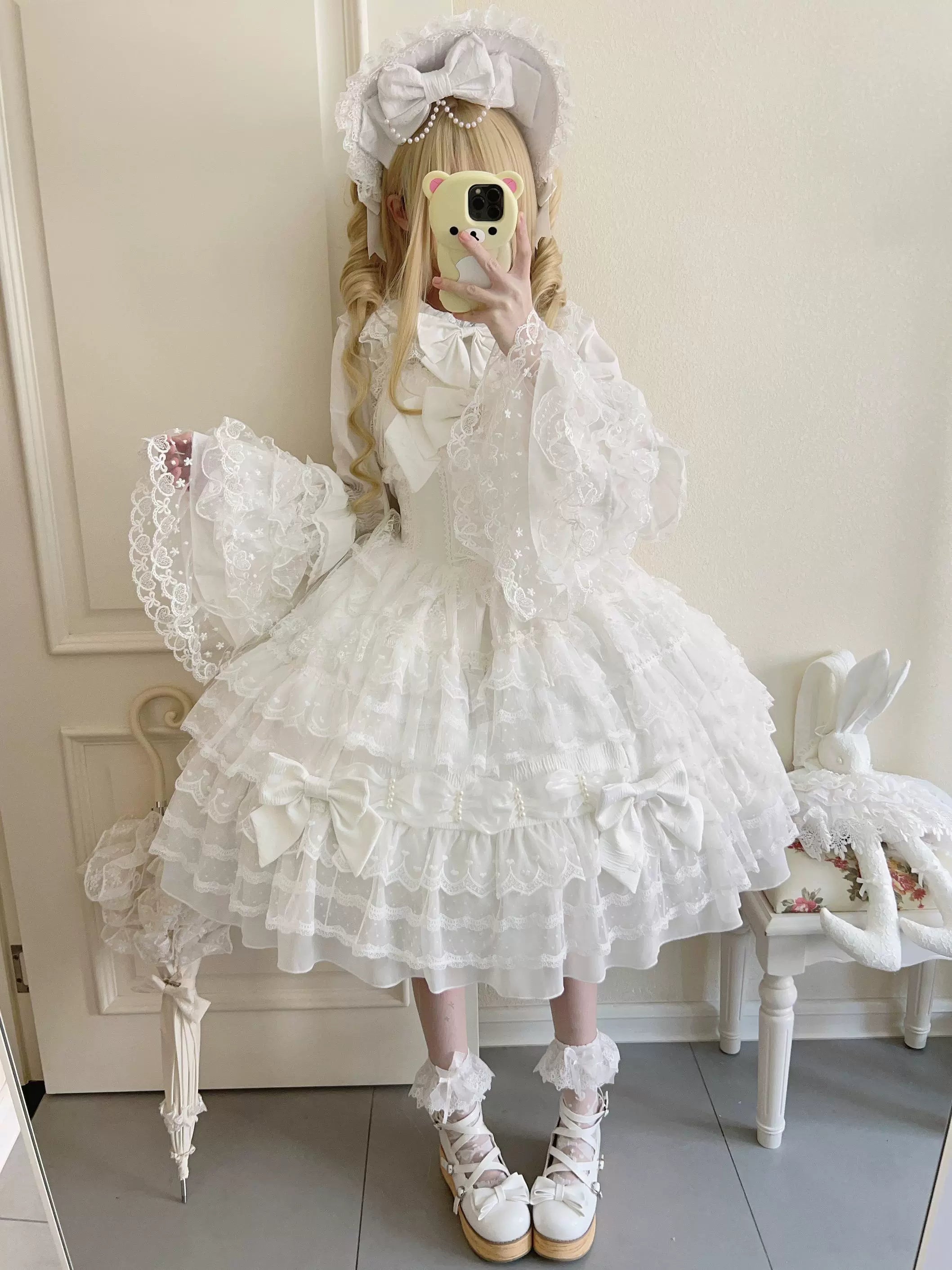 Dream Prelude - Dreamy Princess Lolita JSK Dress Suit, Tiered Lace Black
JSK + Back Trailing Bow S