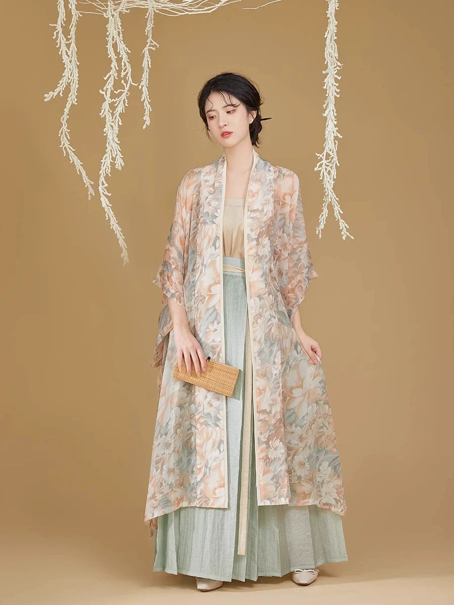 Song Dynasty Modern Hanfu Set with Changgan Temple Beizi and Pleated Skirt - Jiaoliu 娇柳 (Preorder)