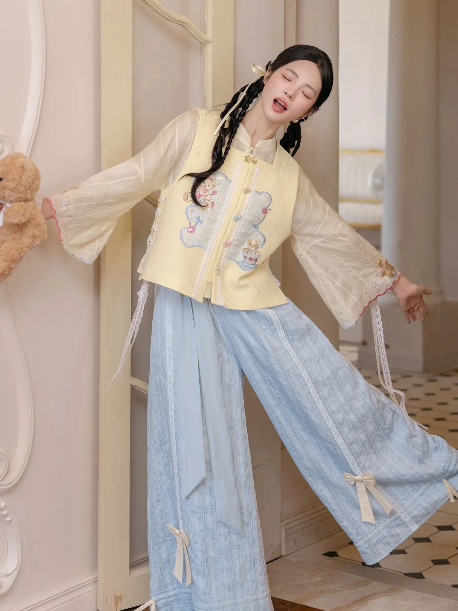 New Chinese Style Long Sleeve Top and Vest with Skirt or Wide Leg Pants - Butter 黄油可露丽