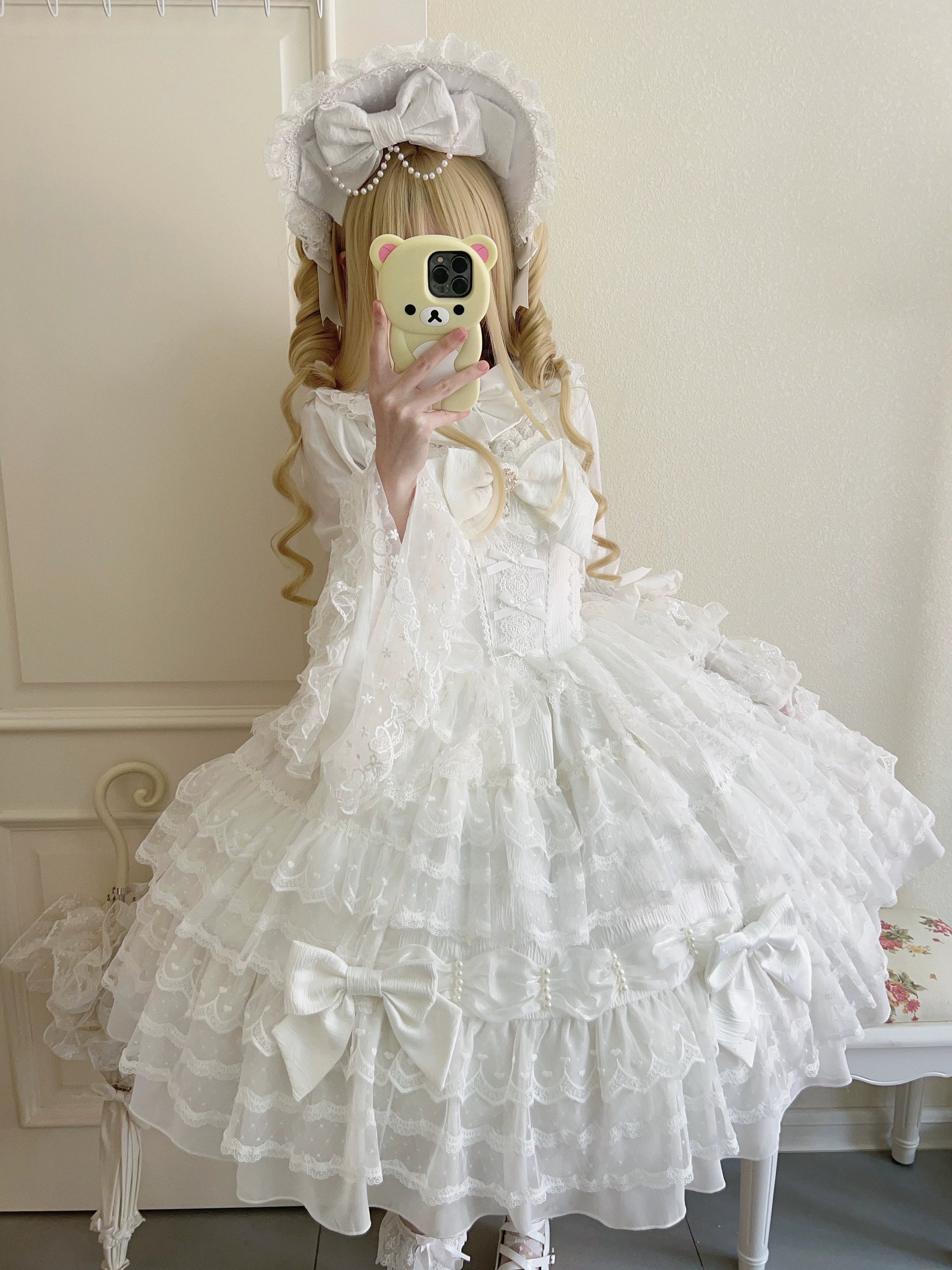 Dream Prelude - Dreamy Princess Lolita JSK Dress Suit, Tiered Lace Black
JSK + Back Trailing Bow S
