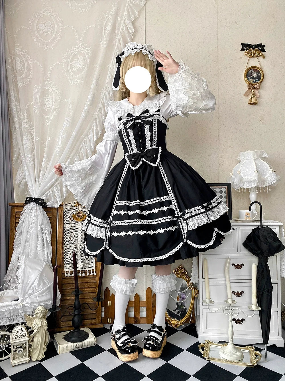 Vintage Petal Rabbit - Cotton Old School Lolita JSK Dress, Petal-Shaped Hem