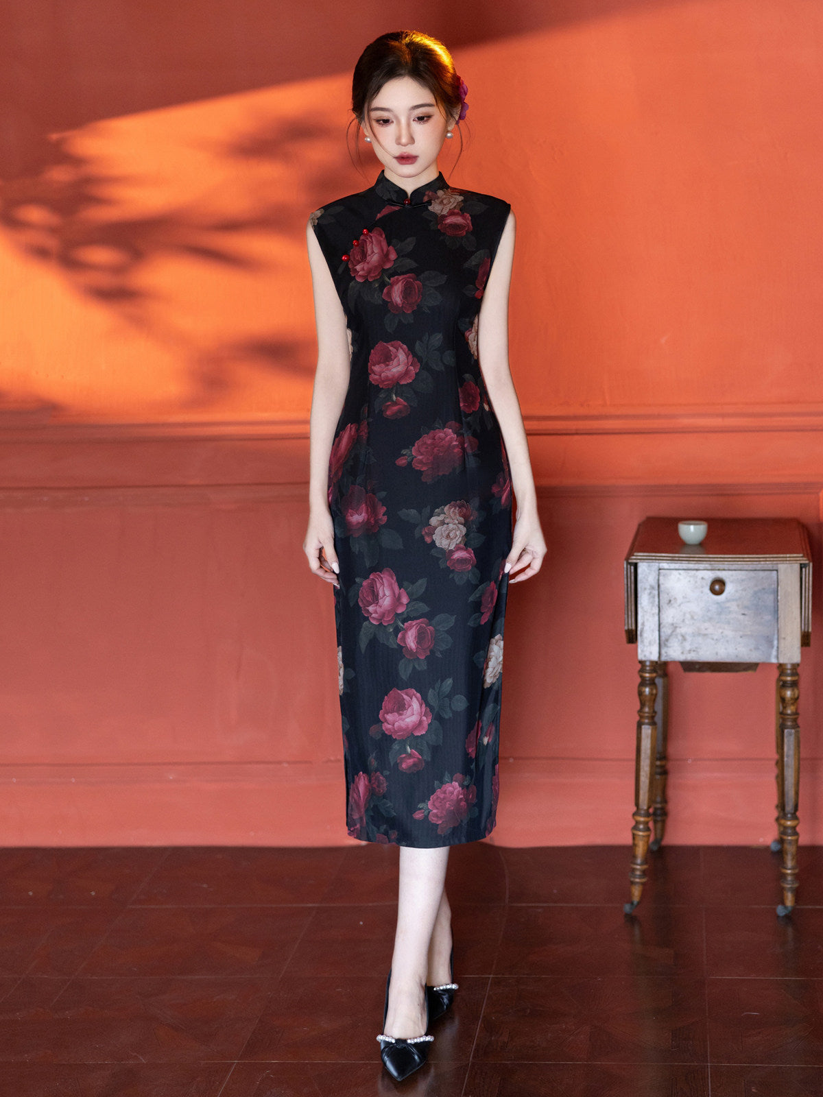 Sleeveless Floral Midi Cheongsam | Night Rose