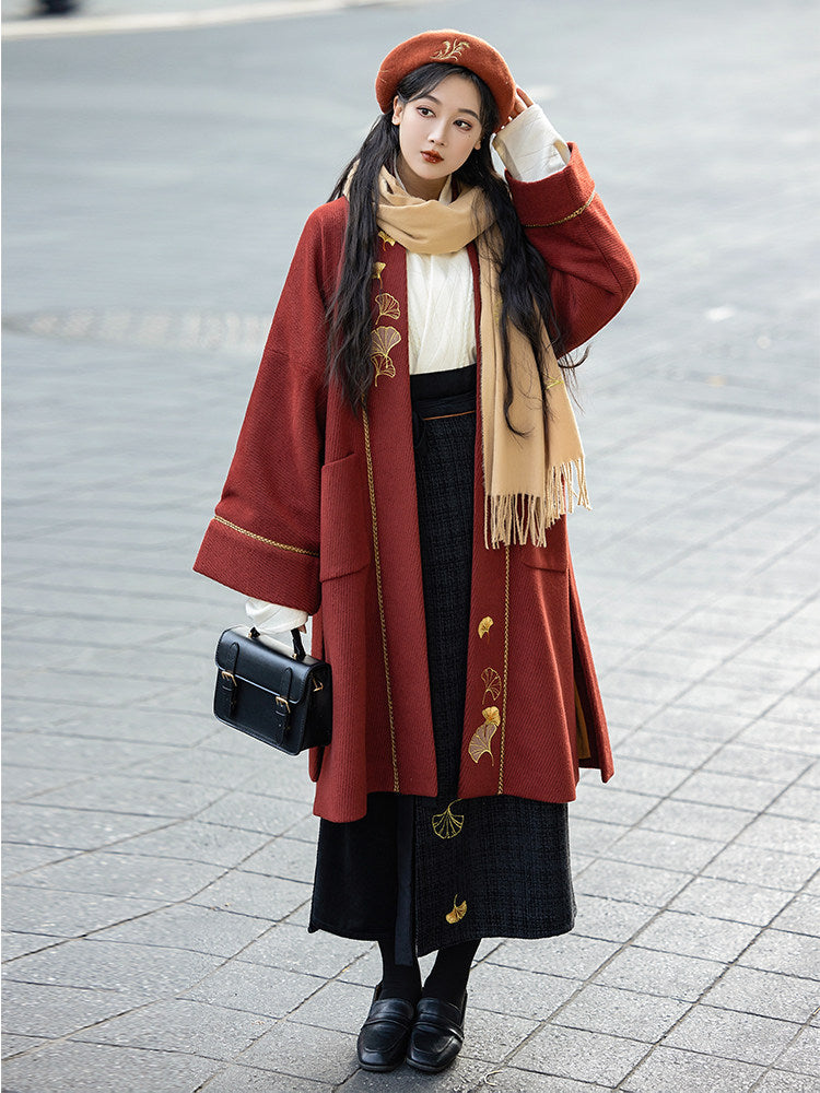 Song Dynasty Modern Hanfu Ginkgo Embroidery Autumn and Winter Jacket and Spiral Skirt - Yiyeqiu 一叶秋 (Preorder)