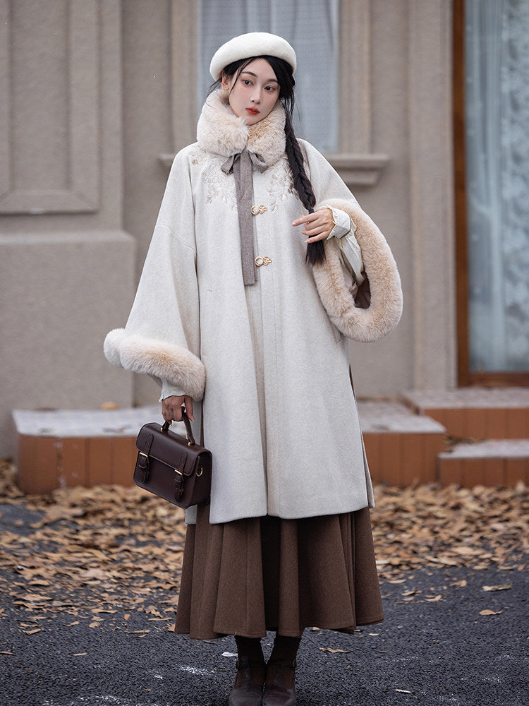 Ming Dynasty Modern Hanfu Coat and Wrap Skirt for Autumn and Winter - Cappuccino 卡布奇诺