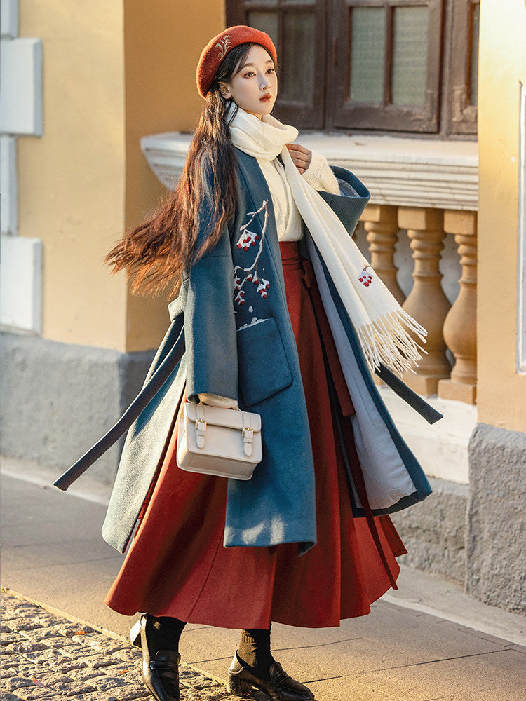 New Chinese Style Wool Beizi Coat and Wrap Skirt - Frost 霜降 (Preorder)