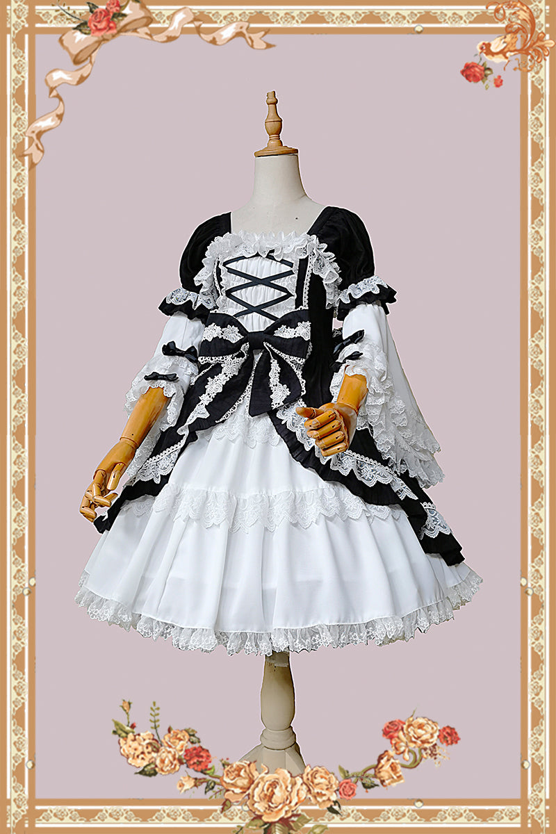 Doll-like Old-School Lolita OP Dress, Patchwork Sleeve