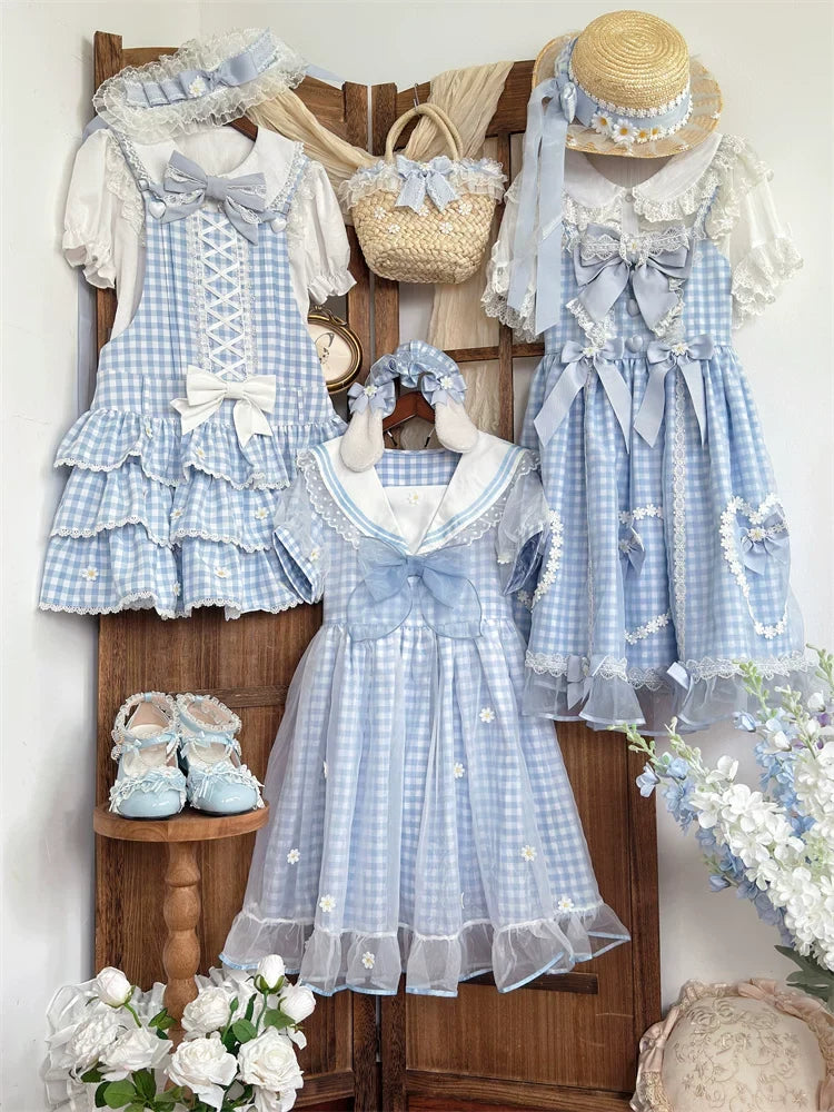 Daisy Cake - Blue Plaid Sweet Lolita JSK Dress, Daisy-trimmed Bows