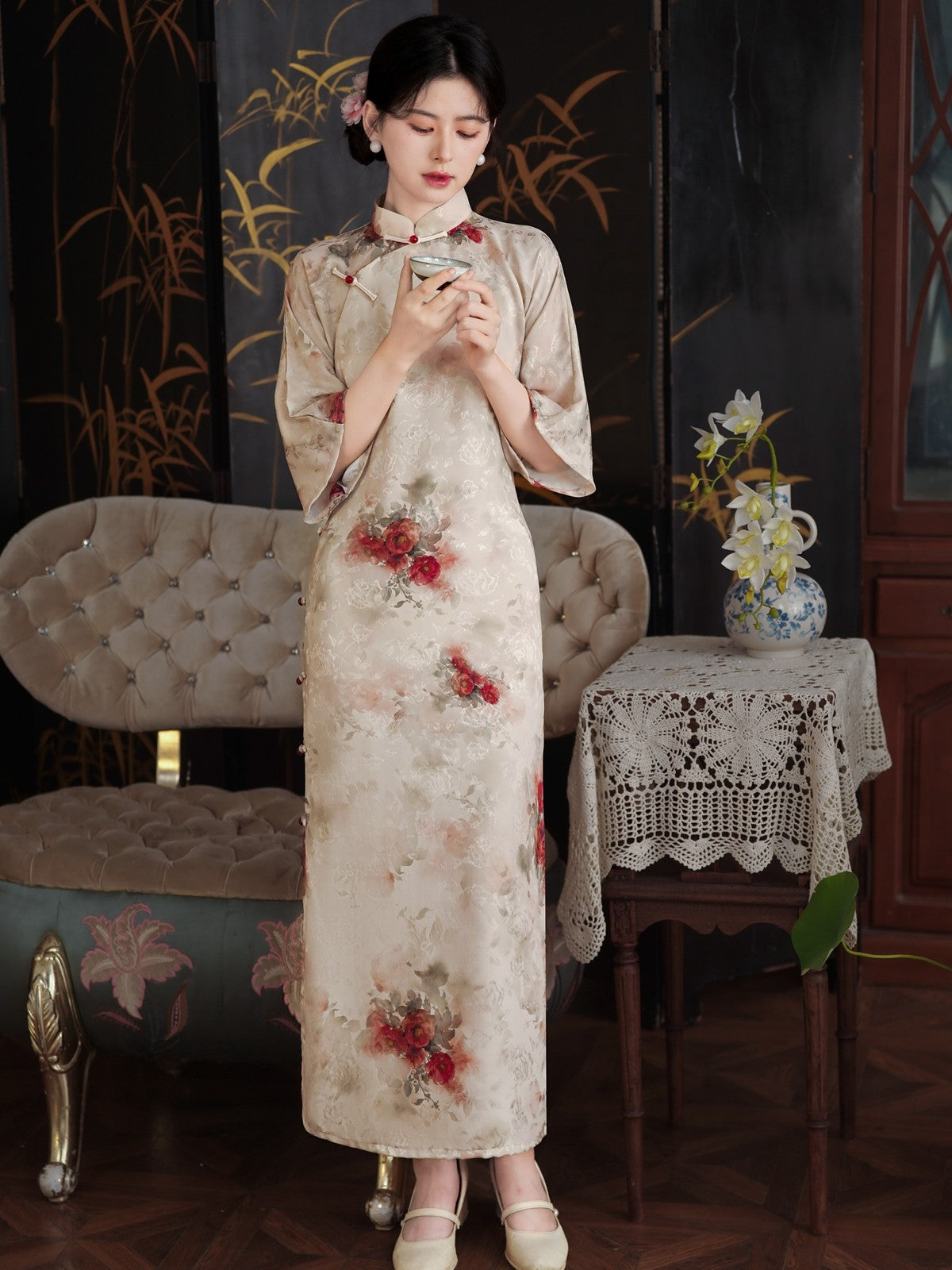 Mid Sleeve Floral Long Cheongsam | Vintage