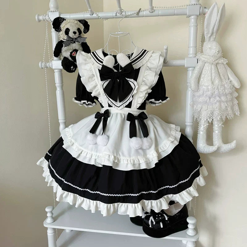 Sweet Bunny Pom-pom - Maid Lolita Bunny Ear Collar OP Dress, Detachable Apron