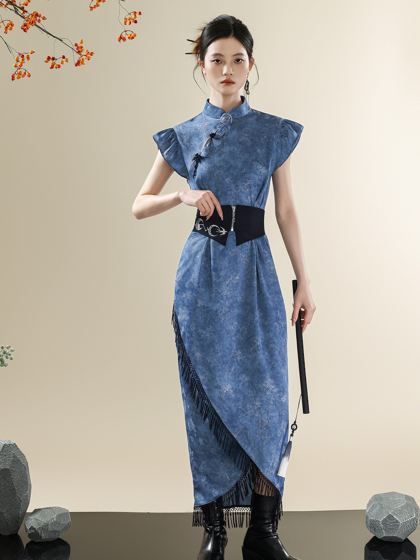 Blue Tie-Dye Modern Qipao Dress | Mandarin Collar Tassel Cheongsam