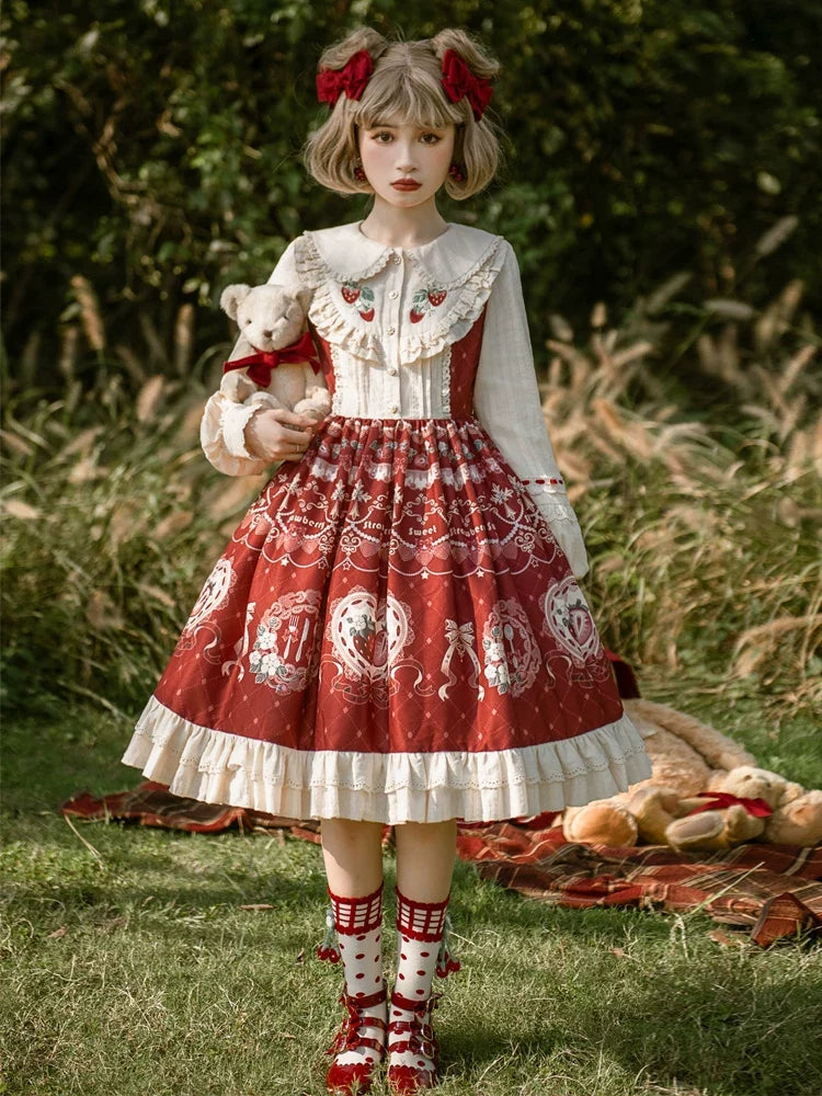 Strawberry Diary - Sweet Lolita Strawberry Print OP Dress with Cape
