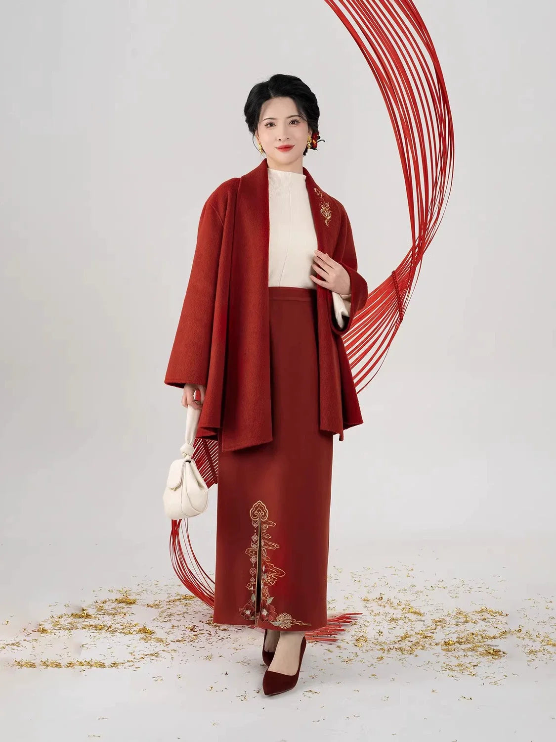 Song Dynasty Modern Hanfu Set with Jacket and Long Slit Skirt - Rich Flowers 有钱花 (Preorder)