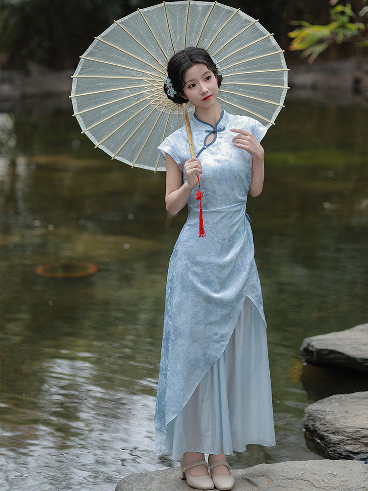 Short Sleeve A Line Long Cheongsam | Hanshuang