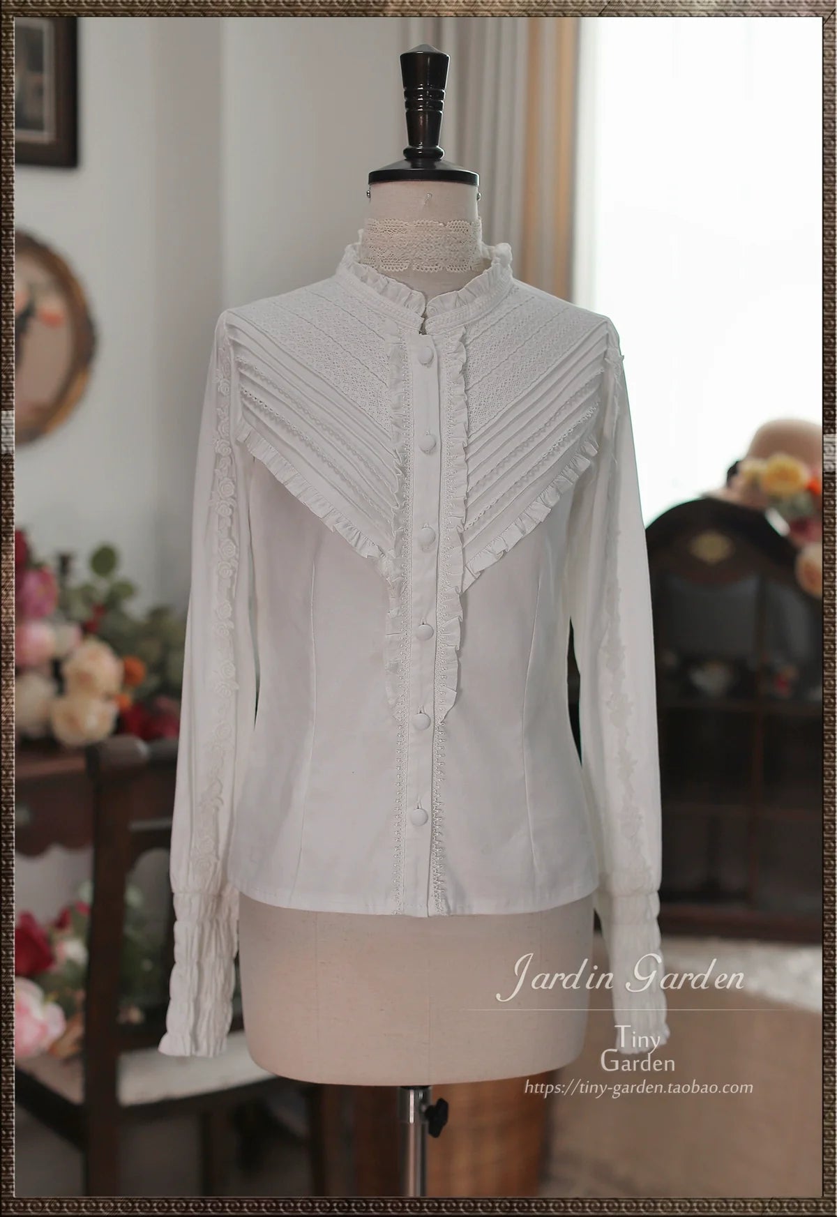 Black Forest Garden - Classic Lolita Blouse Mutton Leg Sleeves Stand Collar Shirt
