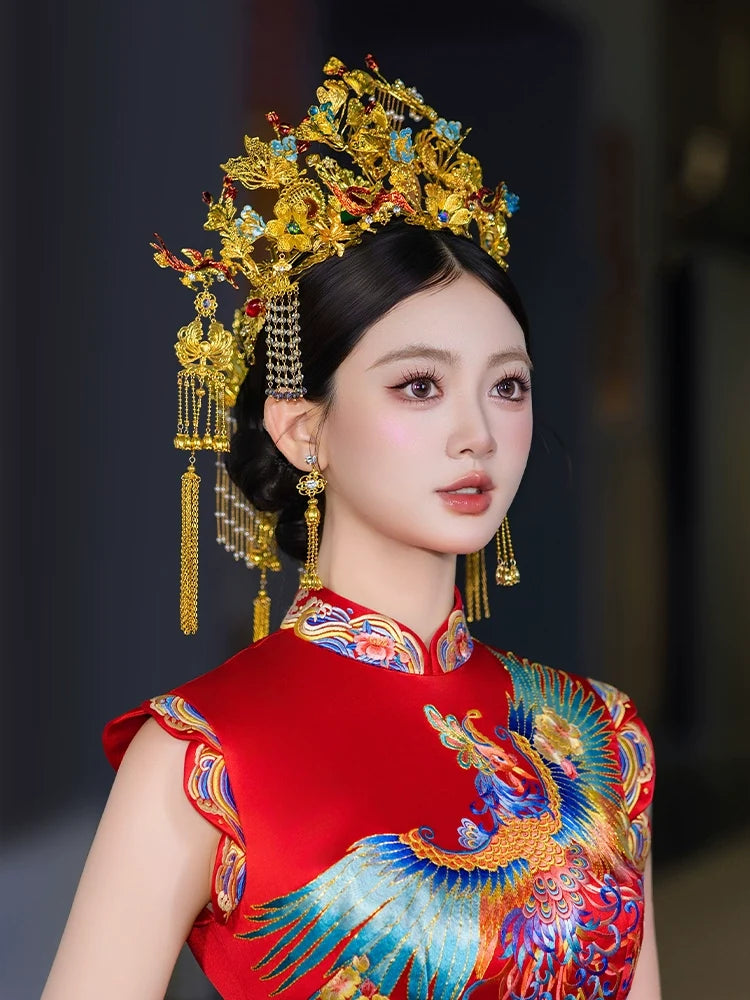 Red Phoenix - Luxury Crown Bridal Headpiece Red and Blue Gem Accent with Gold Tassels for Chinese Wedding Qipao