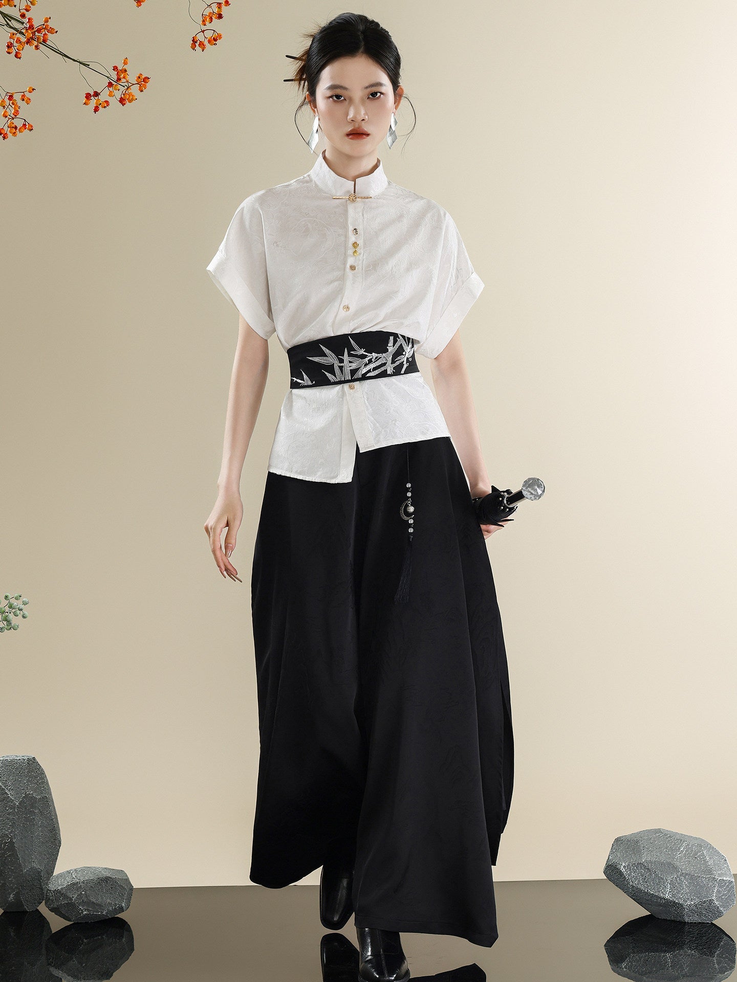New Chinese Style Mandarin Collar Shirt & Wide-Leg Trousers Three-Piece Set