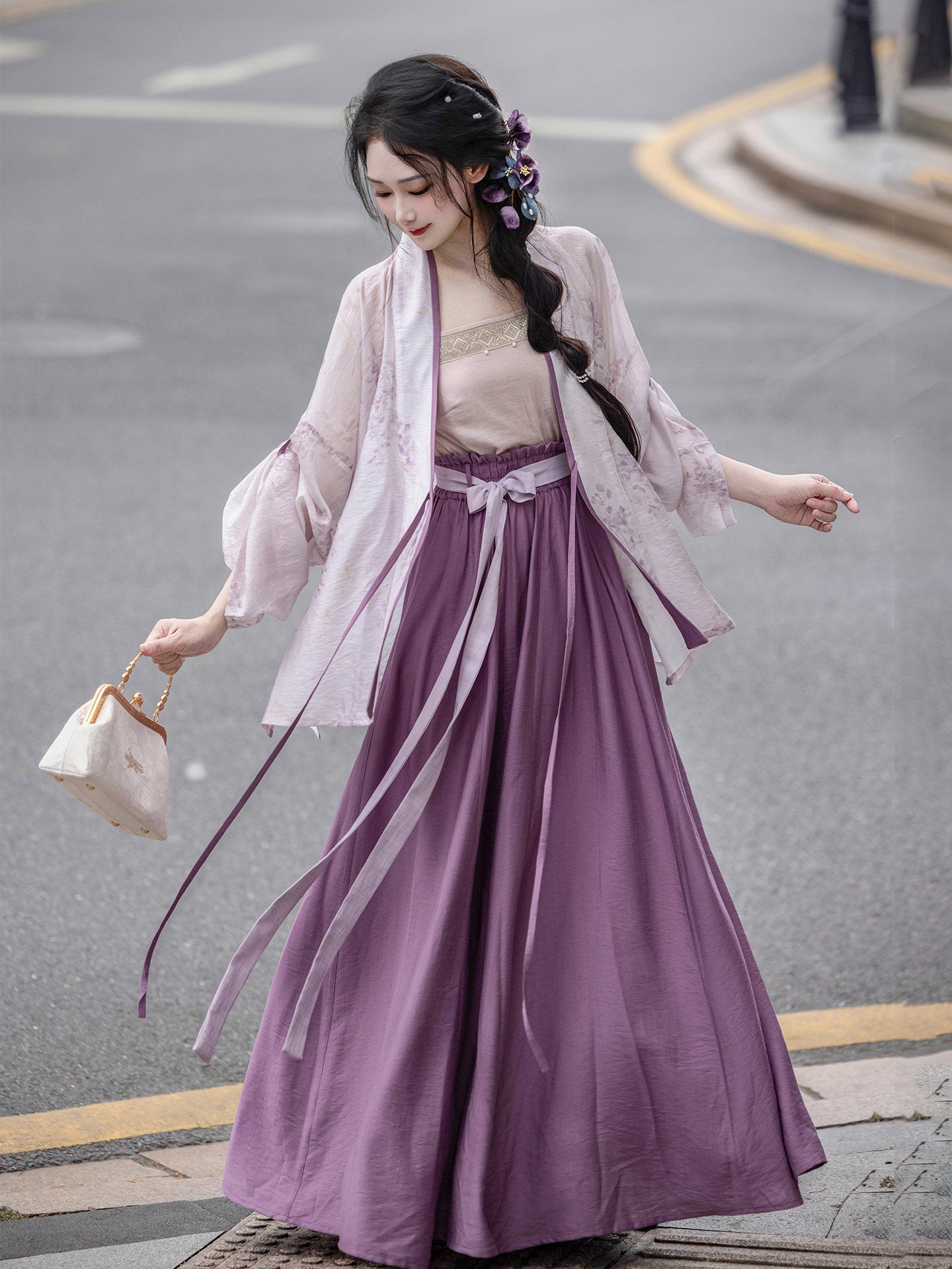 Song Dynasty Modern Hanfu Cardigan and Pocketed Skirt - Ice Wisteria 紫藤冰沙 (Preorder)