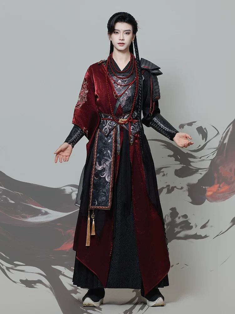 Burning Night 焚夜 - Red and Black Cross-Collar Hanfu Set, Wuxia Style Warrior Robe with Literary & Martial Sleeves (Preorder)