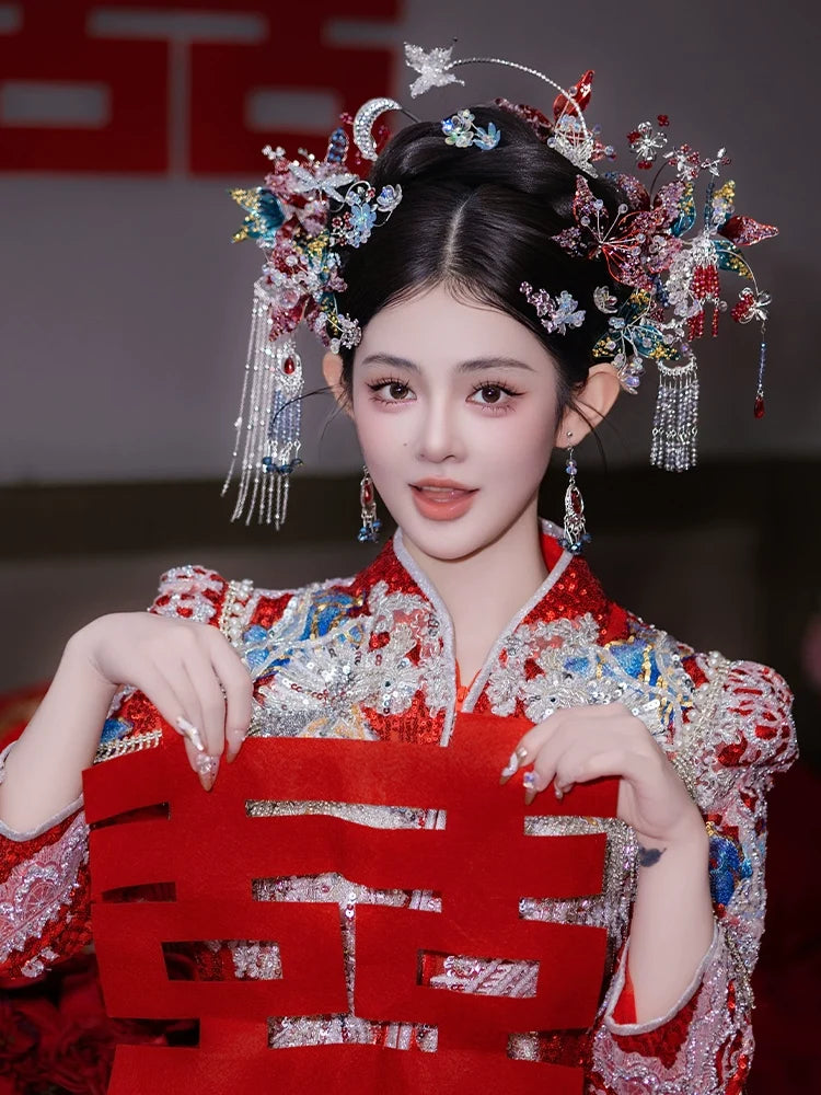 Moonlight - Silver Butterfly and Red Flower Bridal Hairpin Traditional Chinese Wedding Hair Accessories