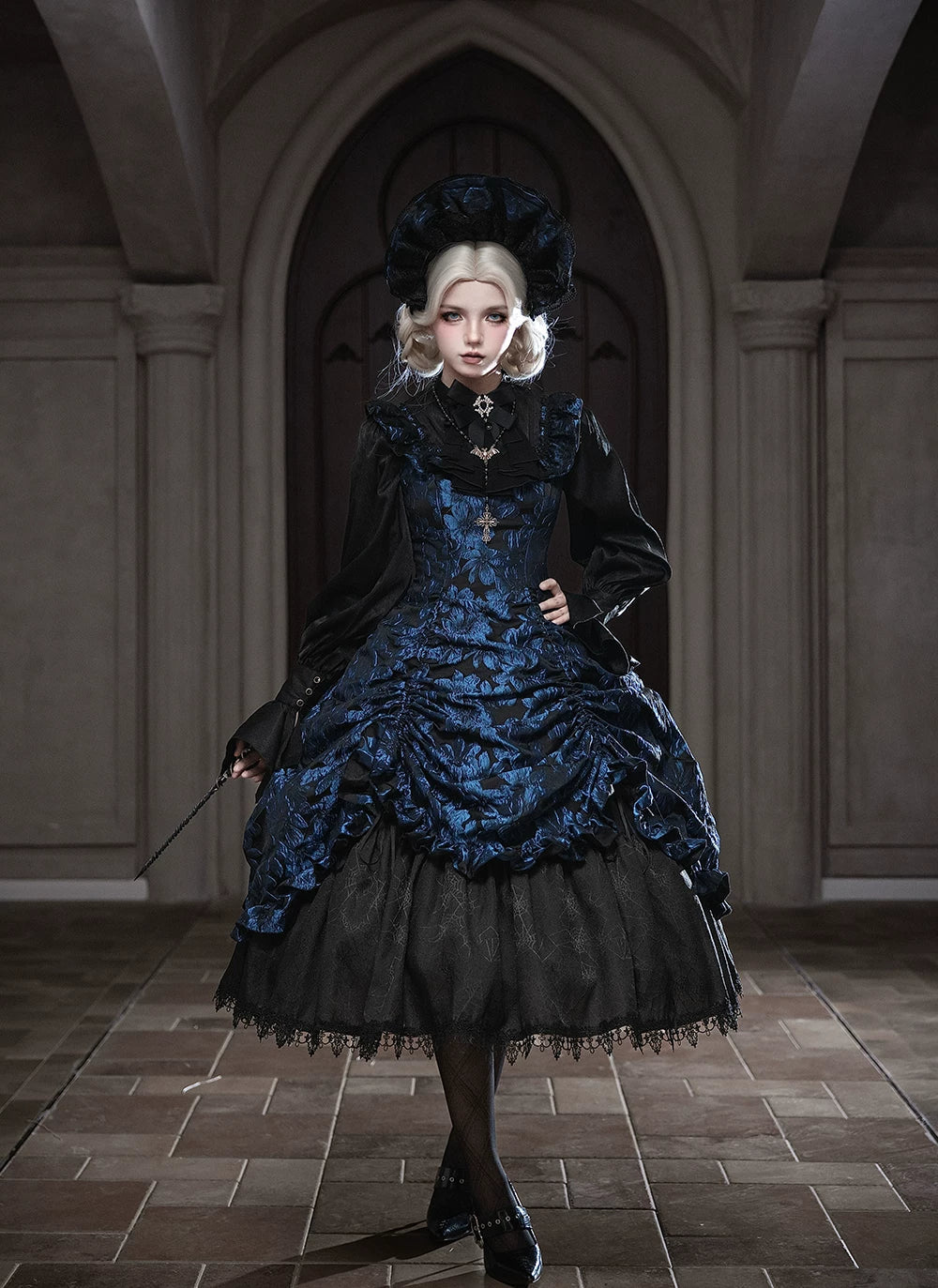 Midnight Lily - Gothic Lolita Lily Jacquard JSK Dress, Drawstring Lift-up Hem